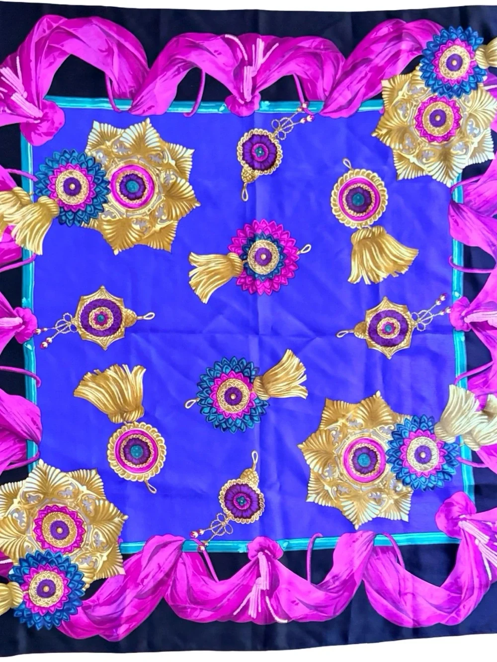 Vintage Liz Claiborne Silk Scarf Royal Blue Magenta Gold Tassel Medallion 30x30